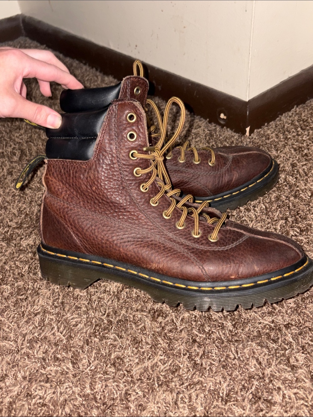 Dr. Martens Airwair Brown Leather Lace-Up Ankle Boots with Yellow Stitching - Picture 3 of 6